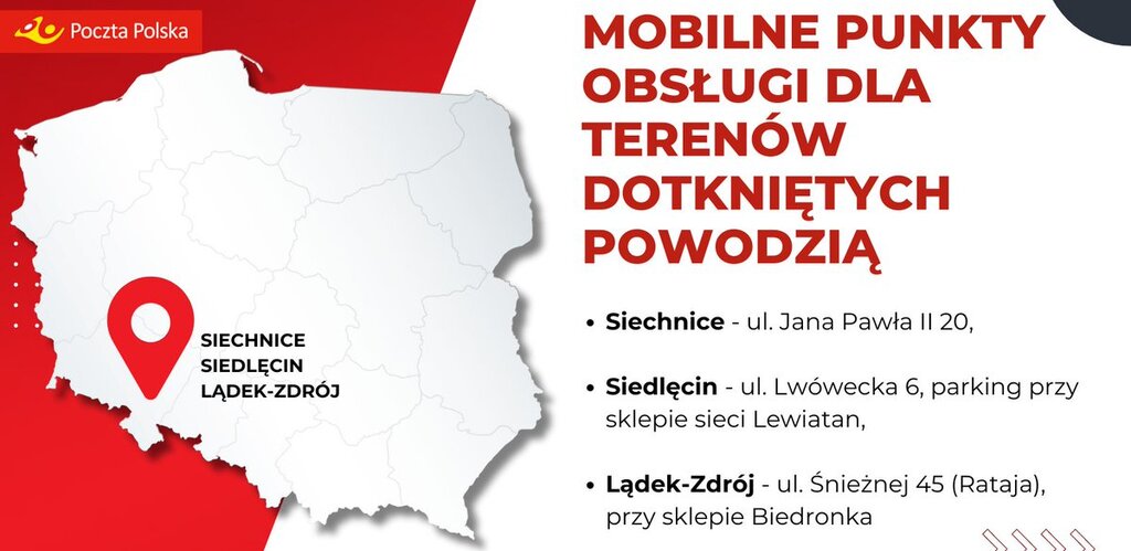 ⚠️Uruchamiamy mobilne punkty obsługi dla terenów dotkniętych powodzią: - Siechnice - ul. Jana Pawła II 20, - Siedlęcin - ul. Lwówecka 6, parking przy sklepie sieci Lewiatan, - Lądek-Zdrój - ul. ...