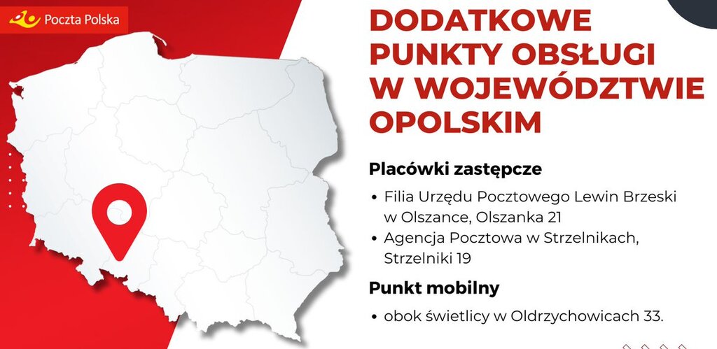 ⚠️Dodatkowe punkty obsługi w województwie opolskim! 🏤Placówki zastępcze: - Filia Urzędu Pocztowego Lewin Brzeski w Olszance, Olszanka 21 - Agencja Pocztowa w Strzelnikach, Strzelniki 19 🚐Punkt mobilny: - obok świetlicy w Oldrzychowicach 33. ...