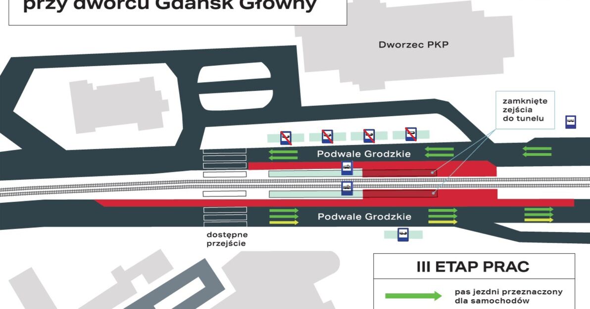 Przystanek tramwajowy Dworzec Gdańsk Główny - zamknięte kolejny etap prac mapka