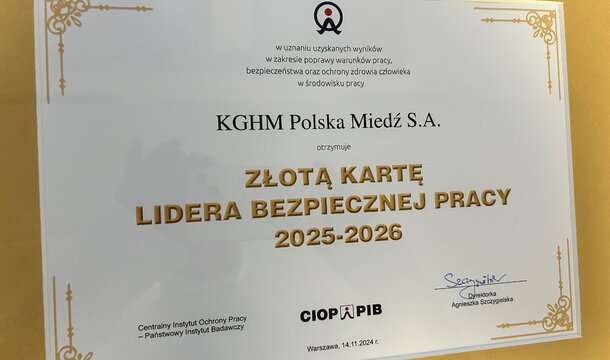 KGHM consigue la Tarjeta Dorada de Líder del Trabajo Seguro