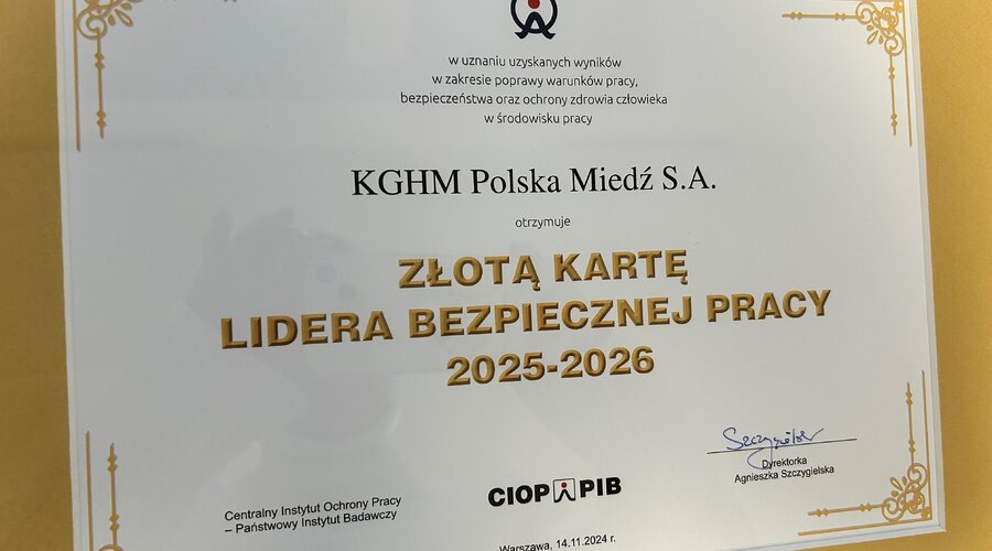 KGHM consigue la Tarjeta Dorada de Líder del Trabajo Seguro