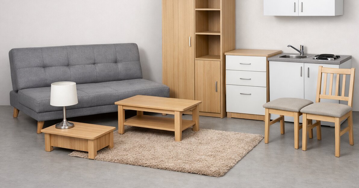 Nowoczesny zestaw mebli w jasnym wnętrzu