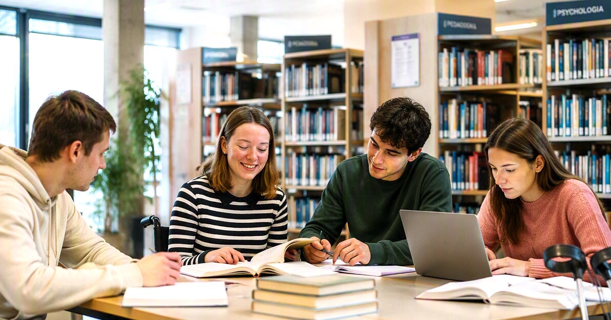 Studenci, w tym z niepełnosprawnościami, na zajęciach w bibliotece - fot  ilustracyjna wygenerowana z AI
