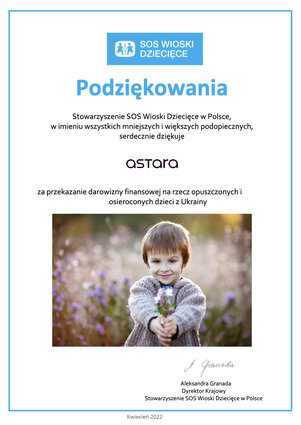 Dyplom SOS Wioski Dziecięce Astara