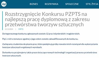 Rozstrzygnięcie Konkursu PZPTS na najlepszą pracę dyplomową z zakresu przetwórstwa tworzyw sztucznych, 25.11.2024
